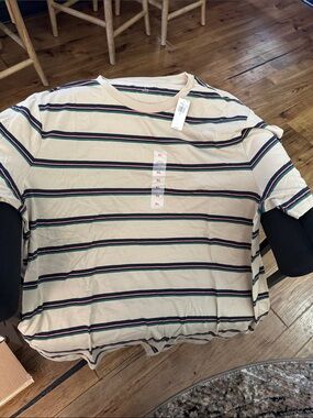 Old Navy Cream Short-Sleeve Tee with Navy and Green Stripes